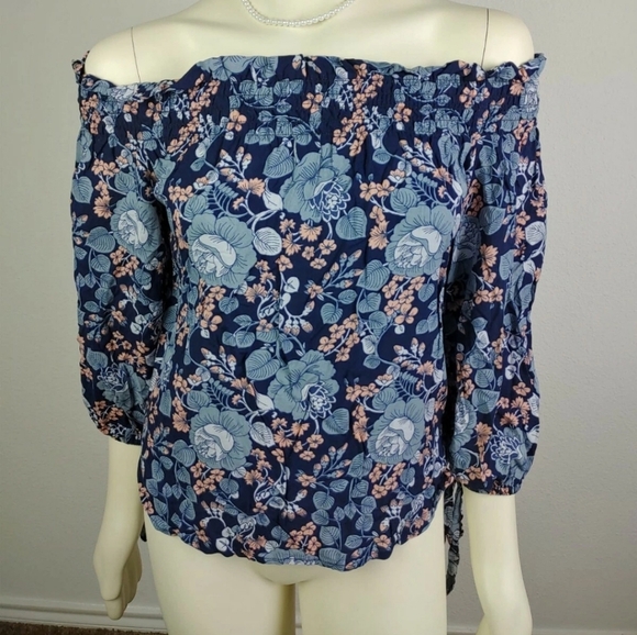 Seven7 Floral Off-Shoulder Blouse - Navy and Light Blue - Picture 2 of 10